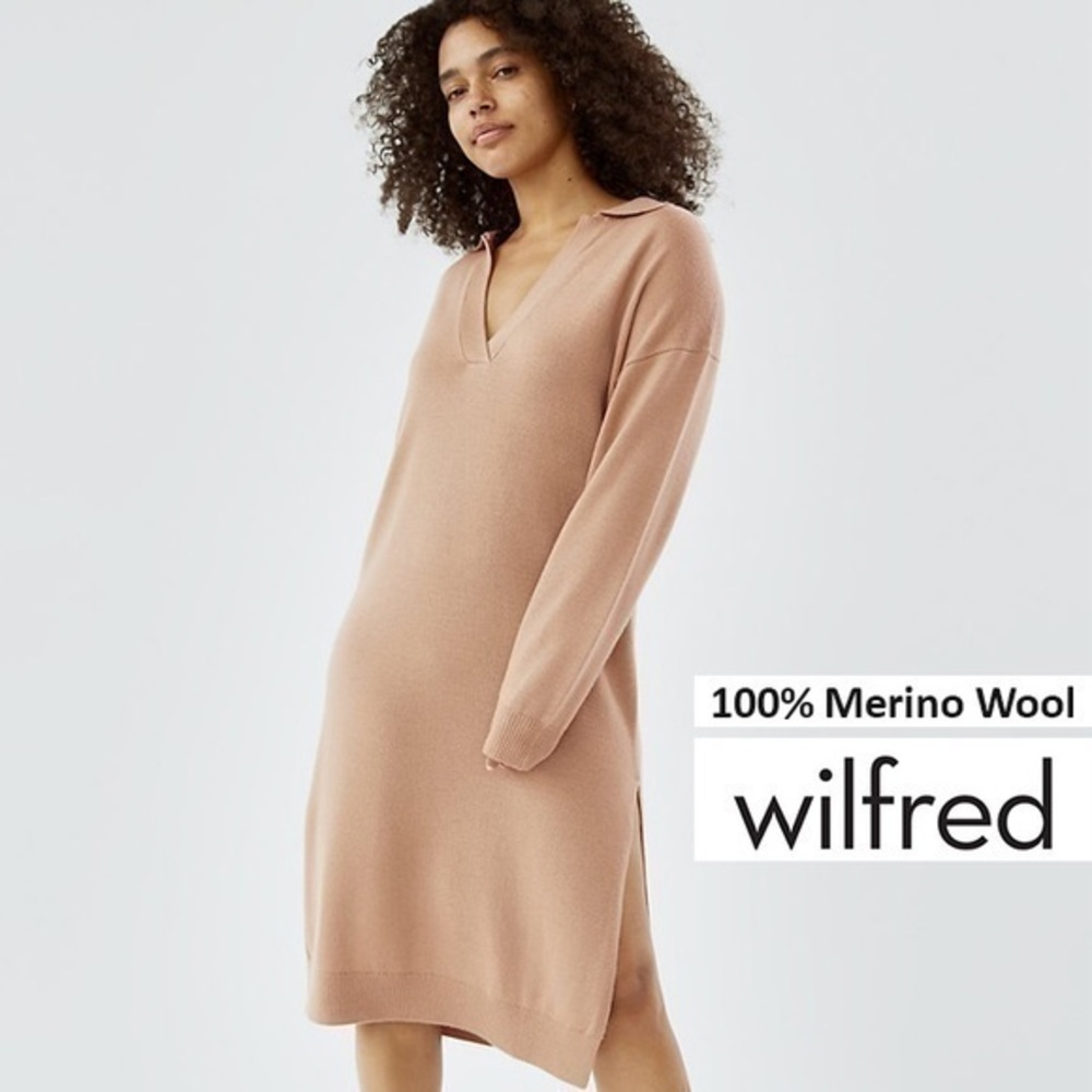 💥SALE💥 Wilfred Shayda Merino Wool Beige Knee Length Long Sleeve Knit Dress XS